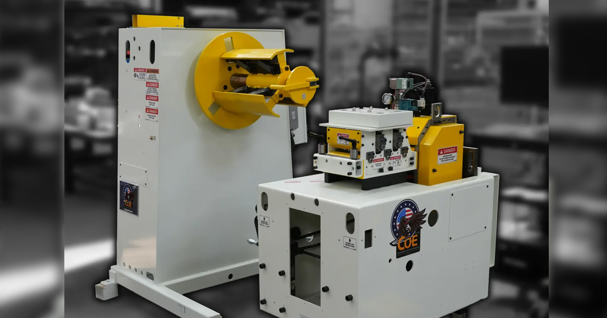 Coil Processing Solution for Roofing - A white and yellow decoiler next to a cabinet mounted pullthrough straightener and feed combo. 